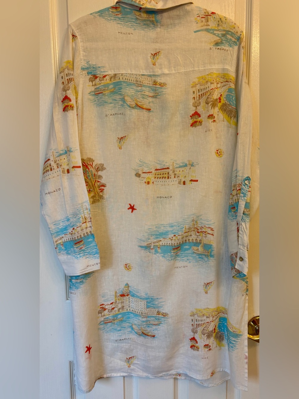 Calypso St. Barth White Shirt Dress with Blue & Yellow Coastal Print ~ Women’s M - Picture 3 of 5